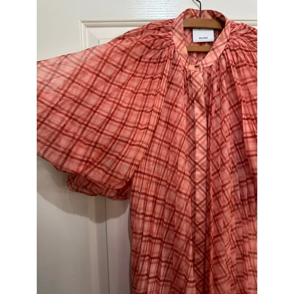 Acler Preston Mini Dress Flowy Pleated Silhouette Plaid Print Orange Size 4 - Picture 5 of 8